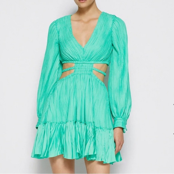 JONATHAN SIMKHAI Londyn Cutout Long Sleeve Pleated Minidress Green Sz S - Picture 4 of 5